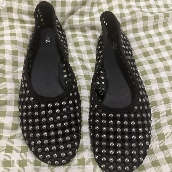 Zara Black Studded Mesh Mary Jane Ballet Flat Shoes Womens Size 37 - Picture 2 of 6
